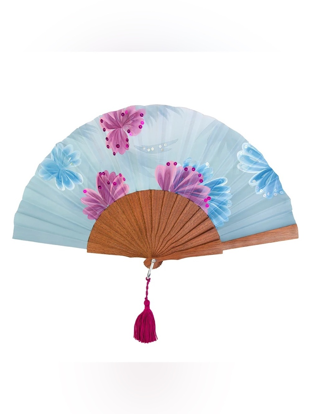 Rockcoco Fans HAWAII (BLUE) Hand-Painted Floral Folding Hand Fan with Sequins